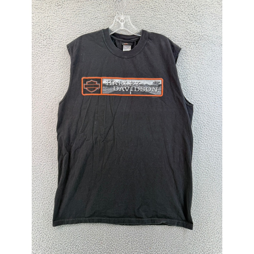 VTG Harley Davidson Mens Black Sleeveless Muscle T-Shirt Graphic Logo Size L USA